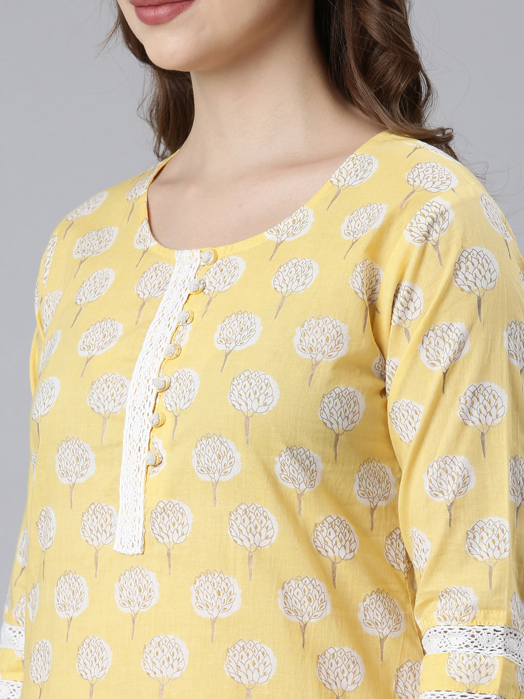 Neerus Yellow cotton printed suit set panelled straight kurta with dupatta - back view