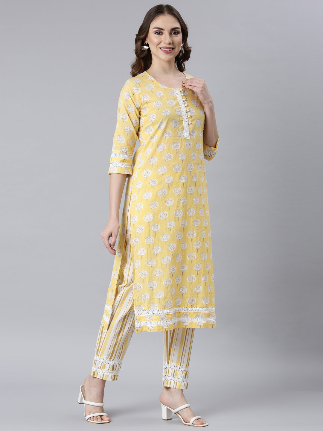 Neerus Yellow cotton printed suit set panelled straight kurta with dupatta - side view