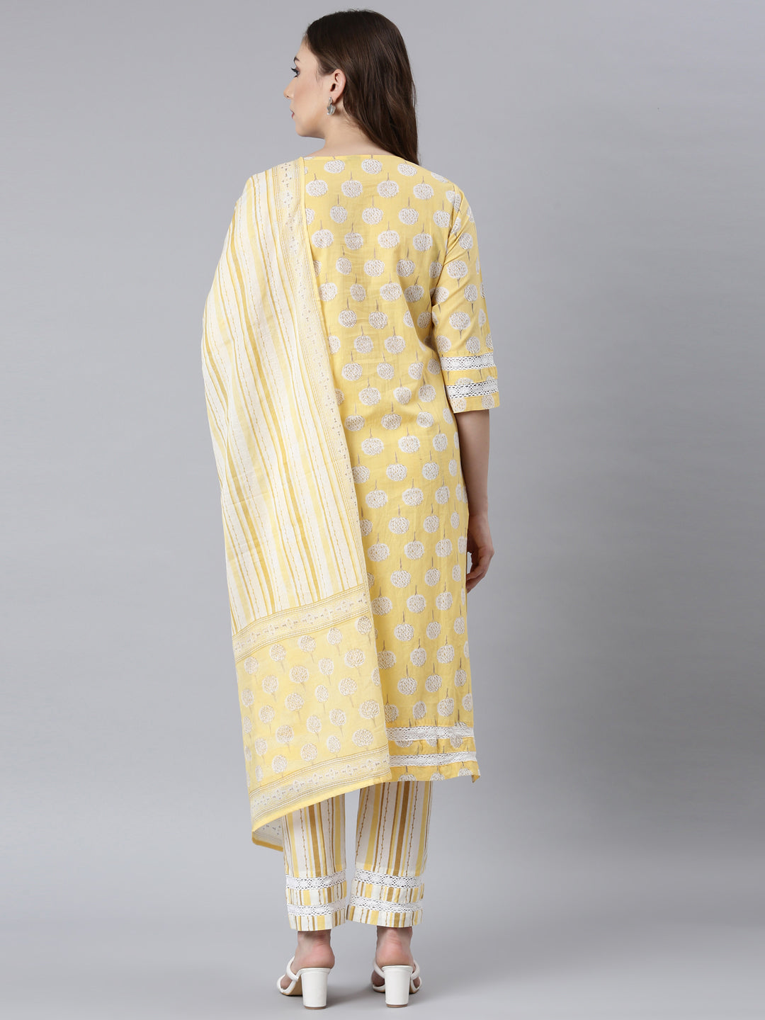 Neerus Yellow cotton printed suit set panelled straight kurta with dupatta - detail view 1