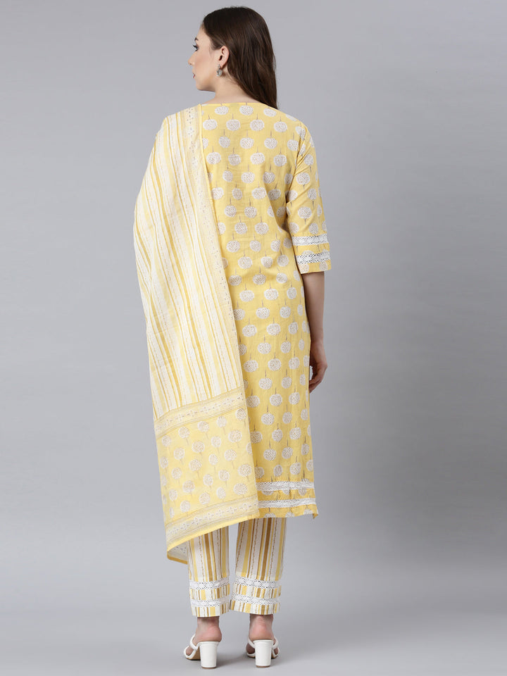 Neerus Yellow cotton printed suit set panelled straight kurta with dupatta - detail view 1