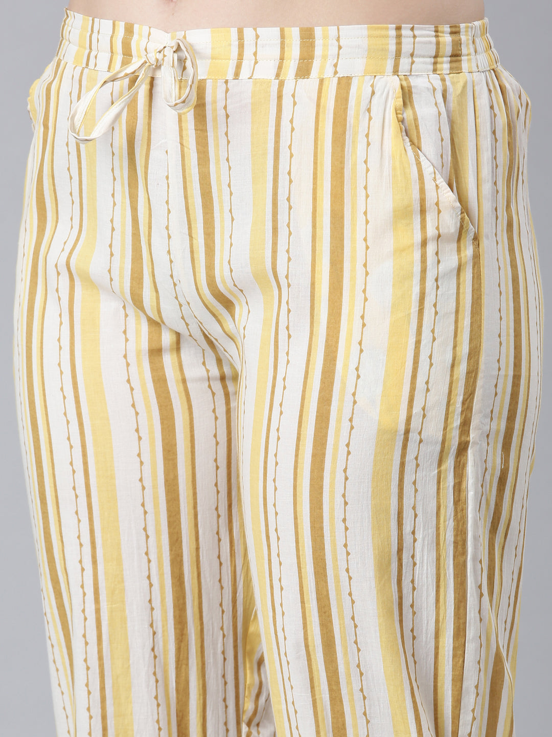 Neerus Yellow cotton printed suit set panelled straight kurta with dupatta - detail view 3