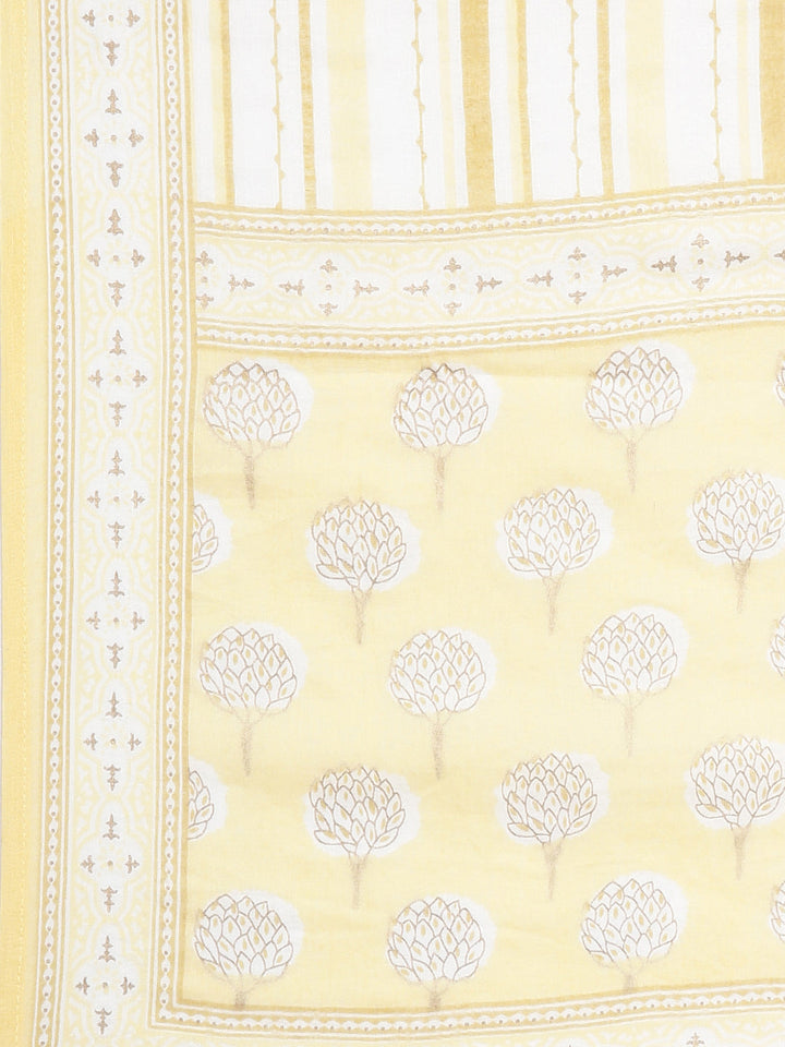 Neerus Yellow cotton printed suit set panelled straight kurta with dupatta - detail view 4