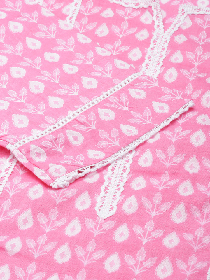 Neerus Pink Regular Straight Printed Kurta and Trousers With Dupatta