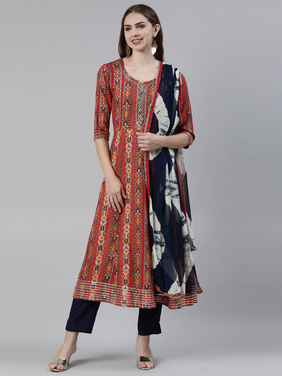 Neerus Red printed kurta set with trouser and dupatta - front view