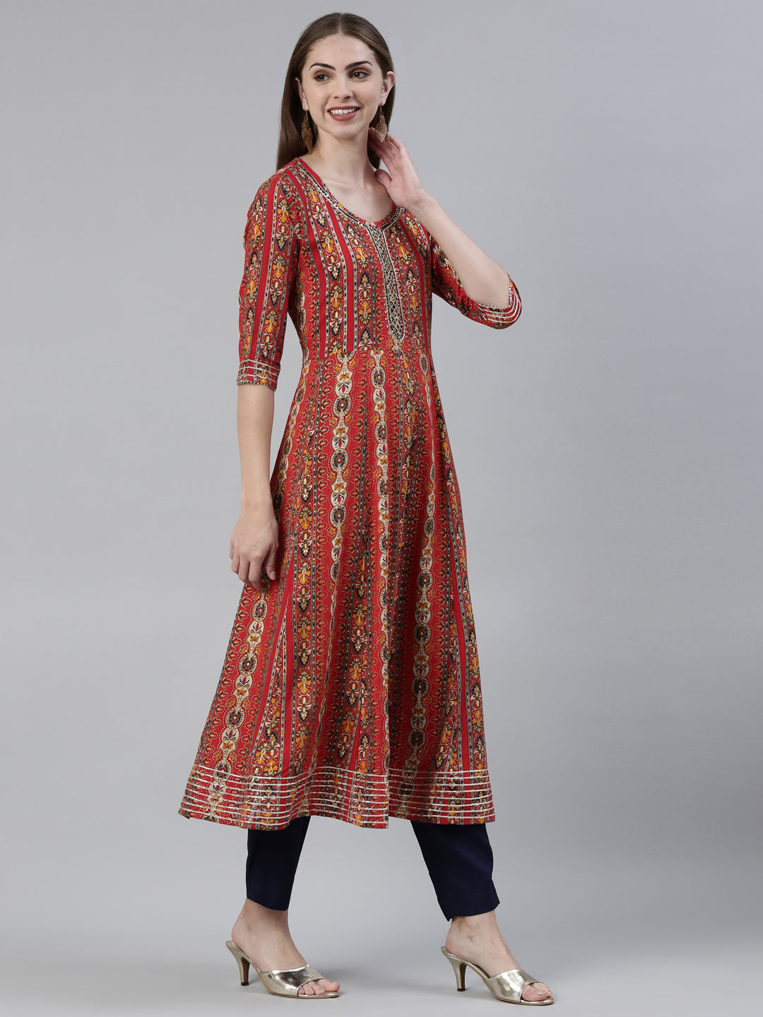 Neerus Red printed kurta set with trouser and dupatta - back view