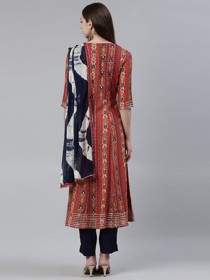 Neerus Red printed kurta set with trouser and dupatta - side view