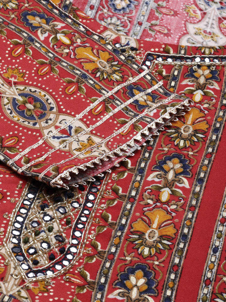 Neerus Red printed kurta set with trouser and dupatta - detail view 2