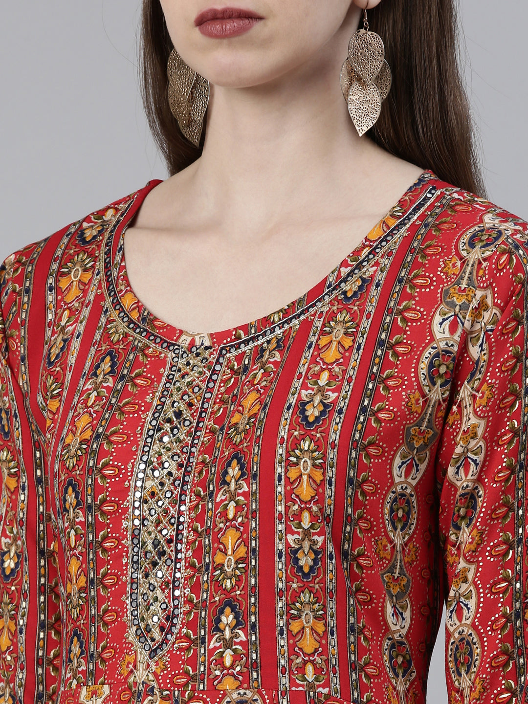 Neerus Red printed kurta set with trouser and dupatta - detail view 1