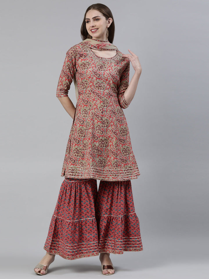 Neerus Pink viscose rayon printed kurta set with sharara and dupatta - front view