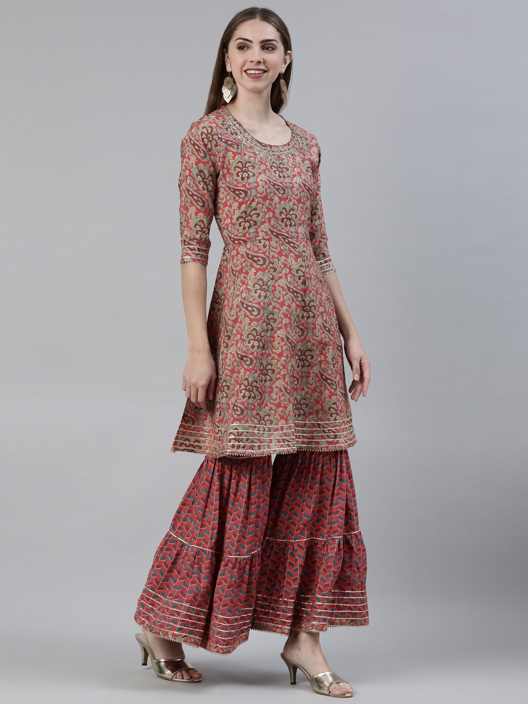 Neerus Pink viscose rayon printed kurta set with sharara and dupatta - back view