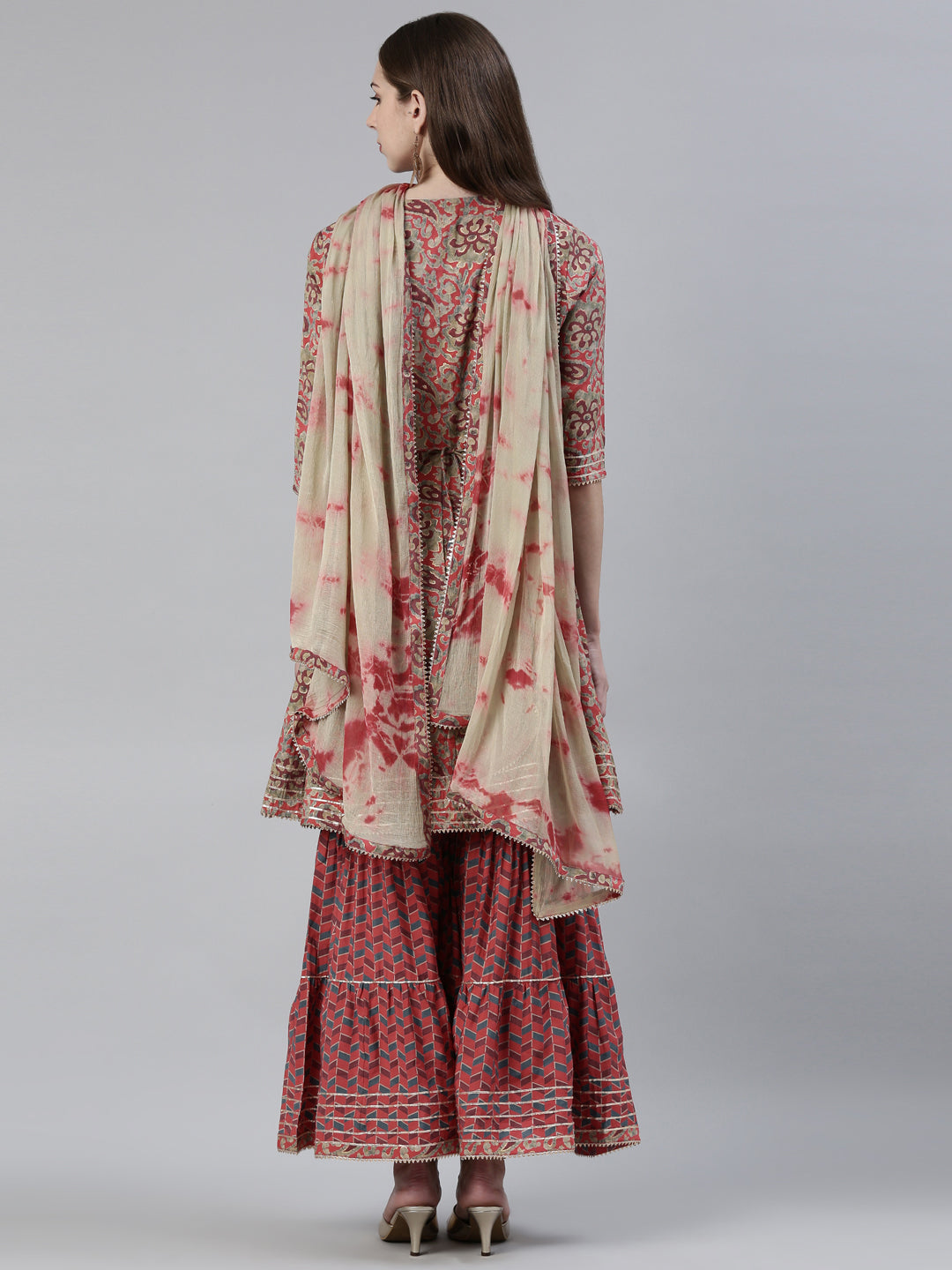 Neerus Pink viscose rayon printed kurta set with sharara and dupatta - side view