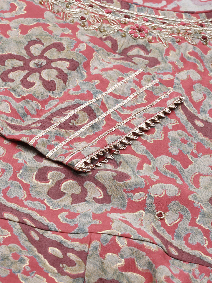 Neerus Pink viscose rayon printed kurta set with sharara and dupatta - detail view 2