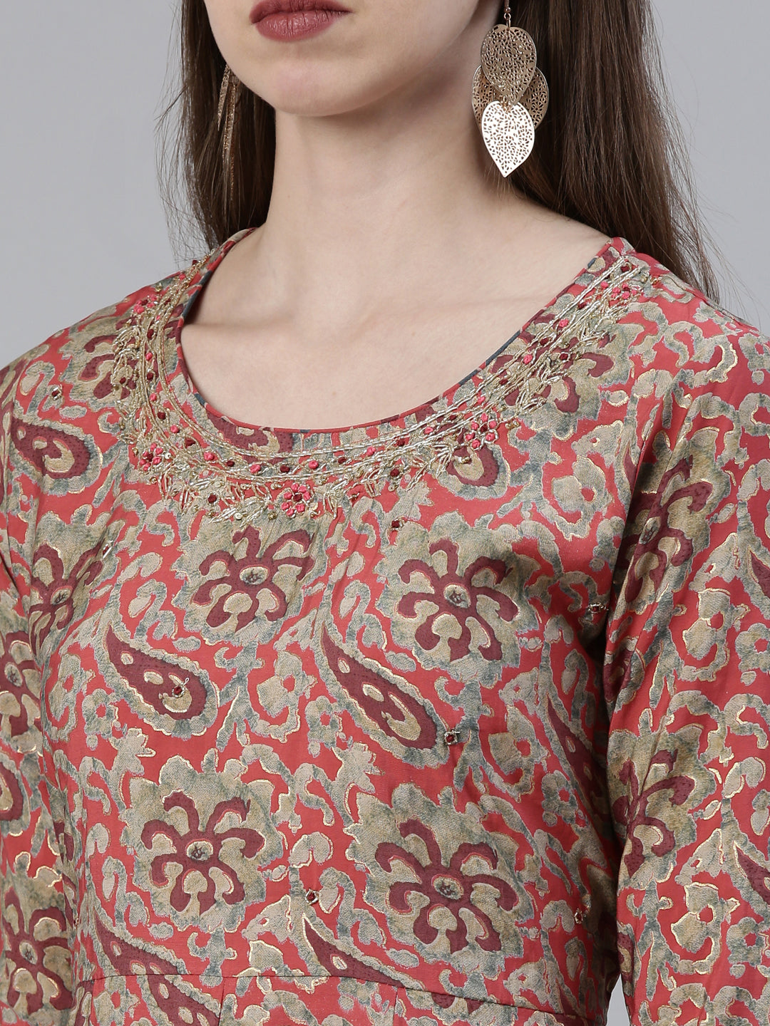 Neerus Pink viscose rayon printed kurta set with sharara and dupatta - detail view 1