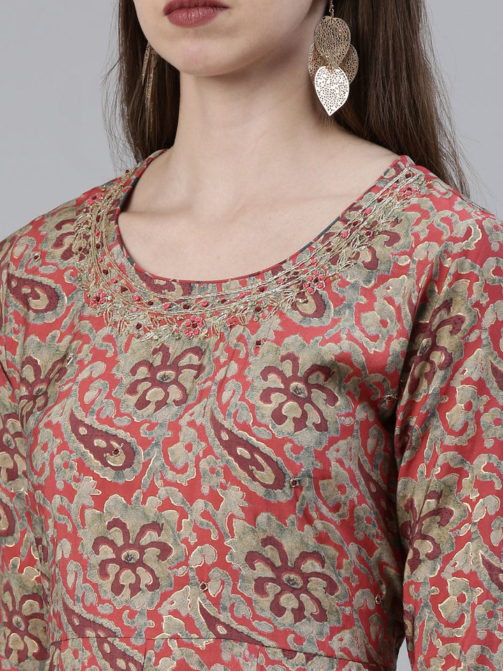 Neerus Pink viscose rayon printed kurta set with sharara and dupatta - detail view 1