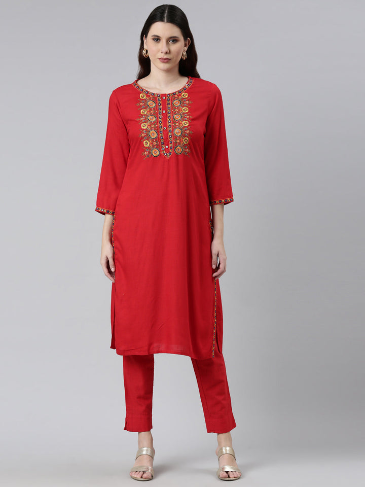 Neerus Red cotton thread embroidered kurti - front view