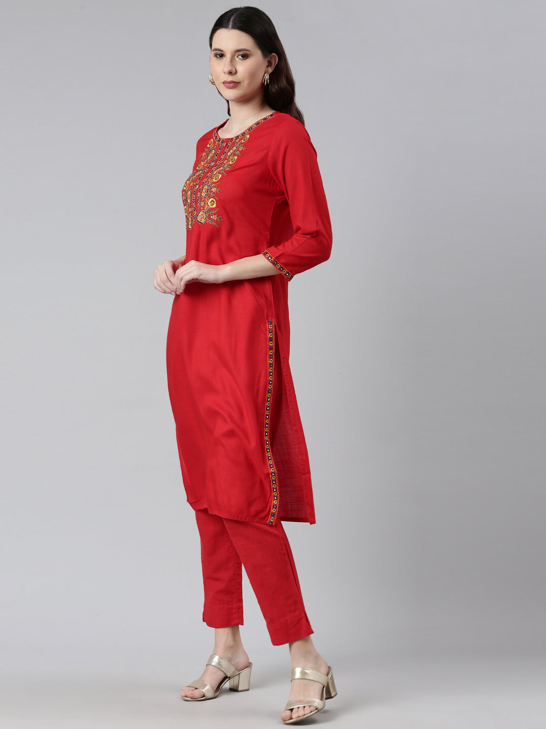 Neerus Red cotton thread embroidered kurti - back view