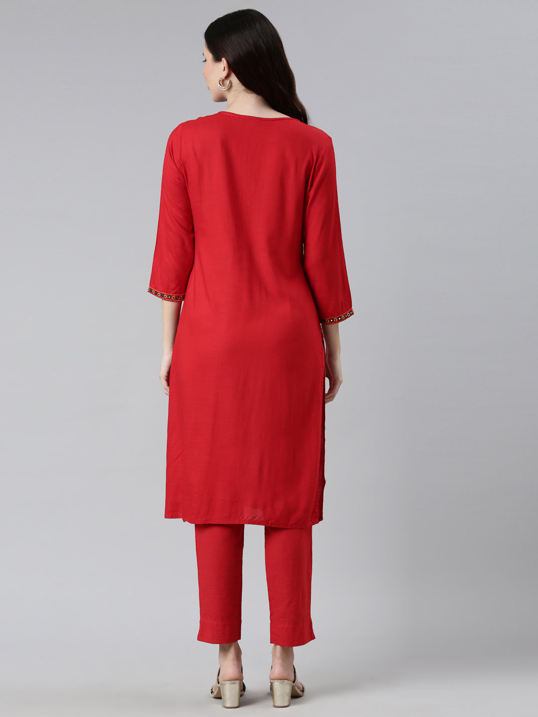 Neerus Red cotton thread embroidered kurti - side view