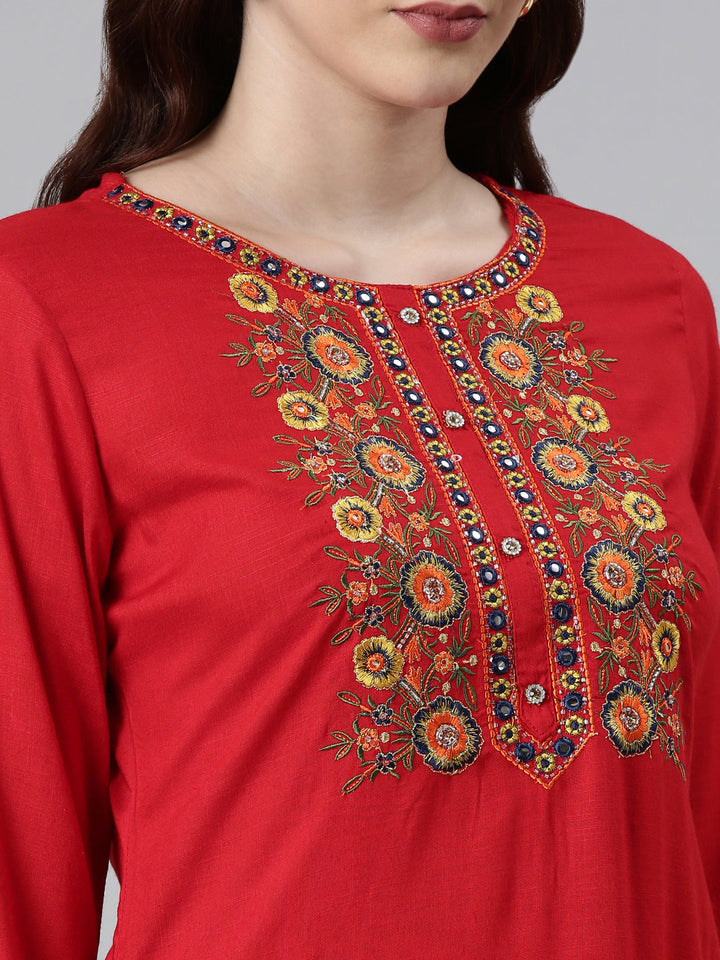 Neerus Red cotton thread embroidered kurti - detail view 1