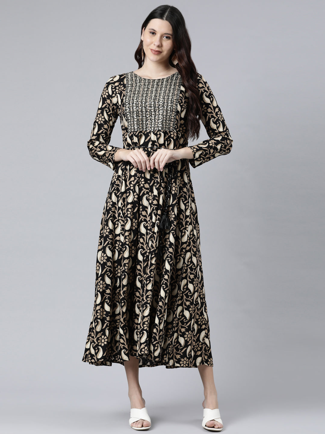 Neerus Black printed ethnic anarkali kurta - detail view 2