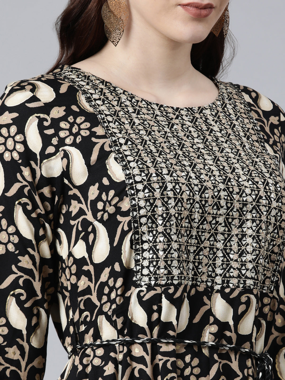 Neerus Black printed ethnic anarkali kurta - detail view 1