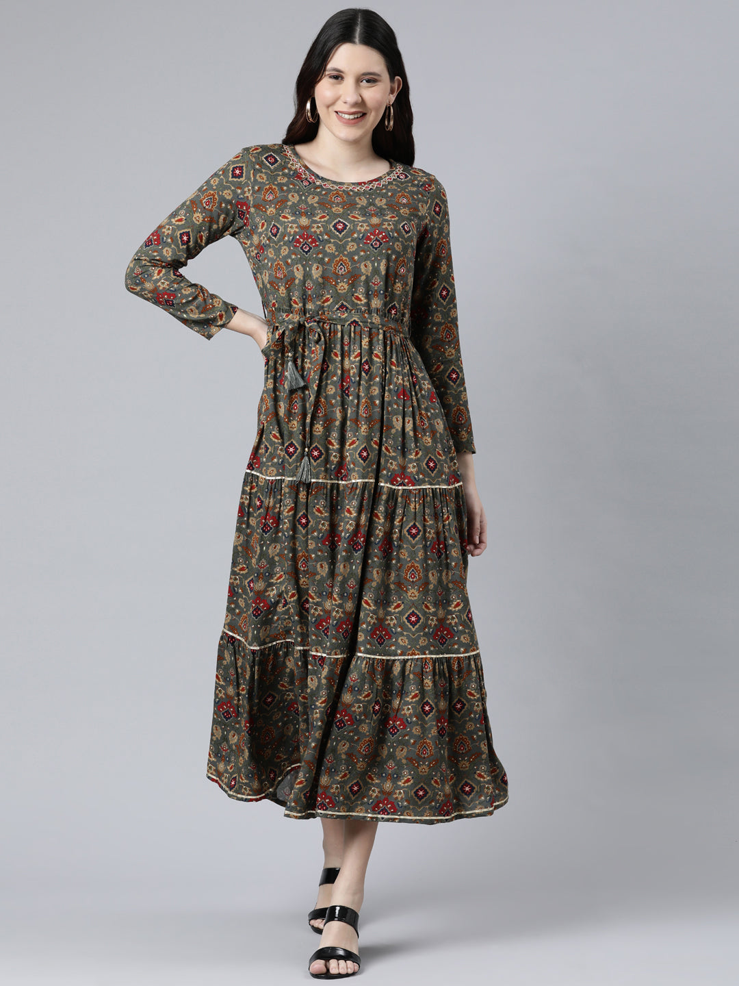 Neerus Grey printed Anarkali kurta - front view