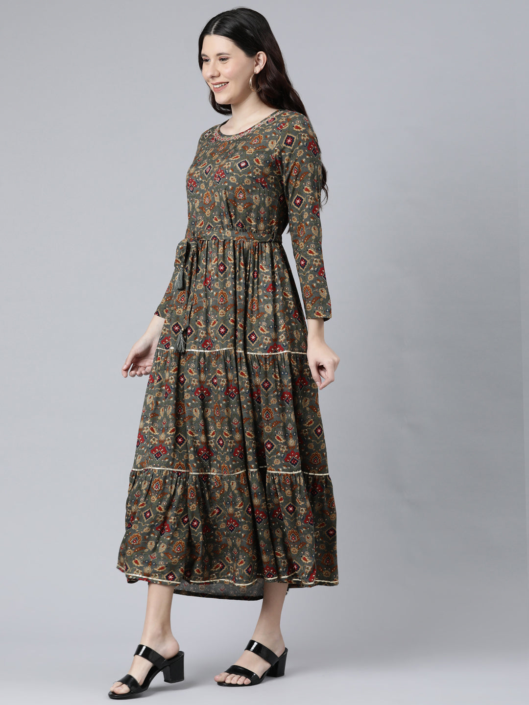 Neerus Grey printed Anarkali kurta - back view