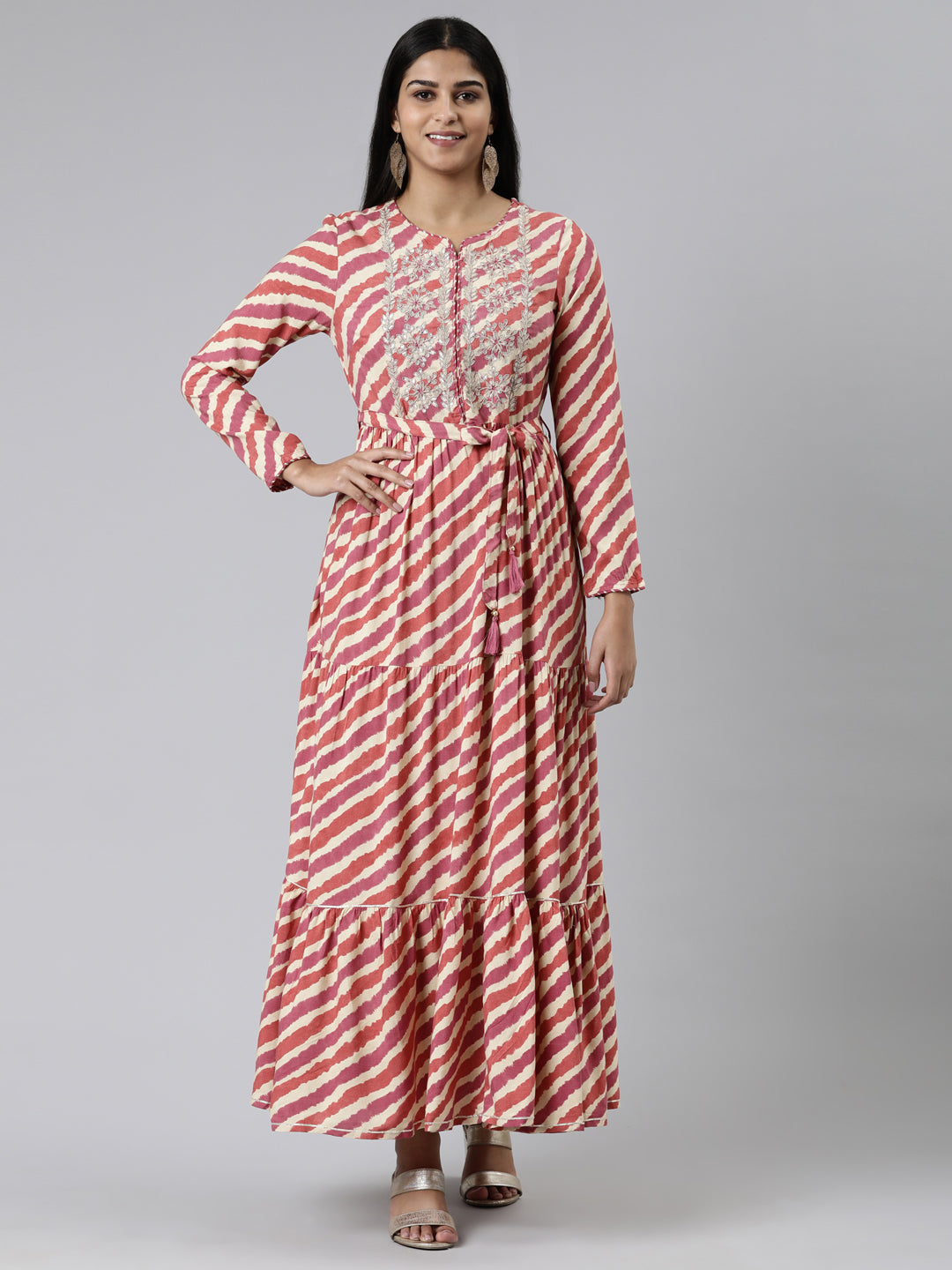 Neerus Brown viscose rayon printed A-line dress - front view
