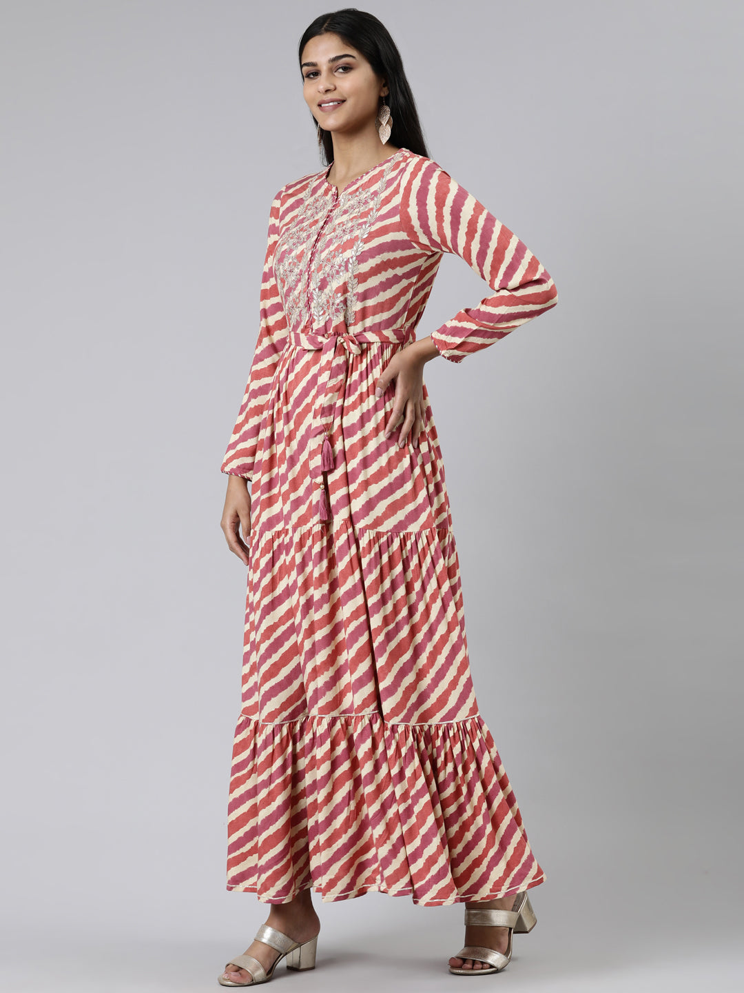 Neerus Brown viscose rayon printed A-line dress - back view