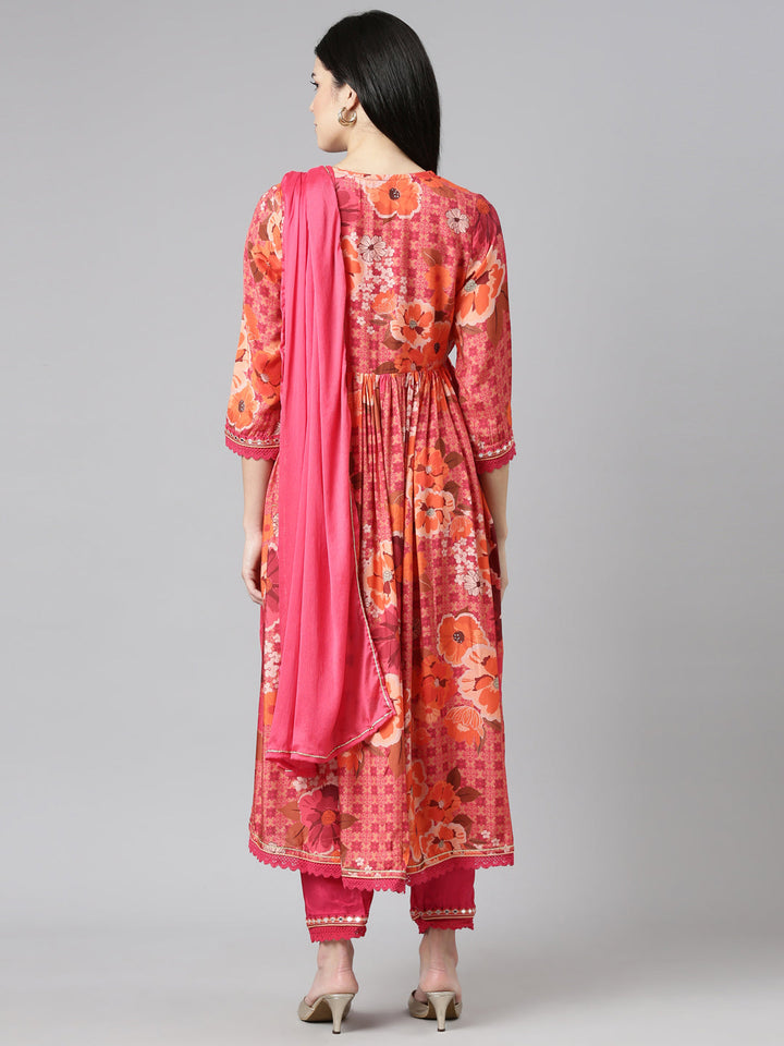 Neerus Pink printed straight suit set floral kurta with dupatta - side view
