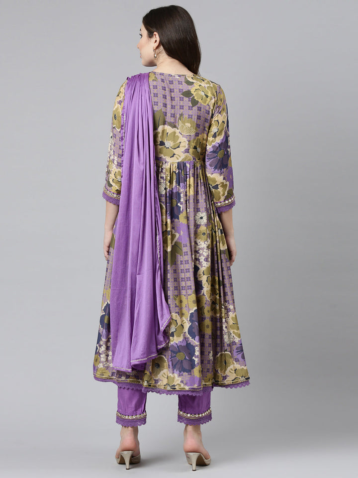 Neerus Purple printed straight kurta set with trousers and dupatta - side view