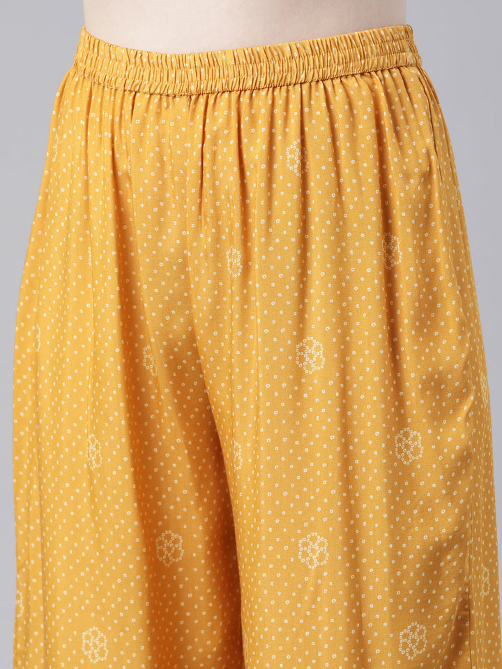 Neerus Yellow viscose rayon printed kurta set with palazzo and dupatta - detail view 3