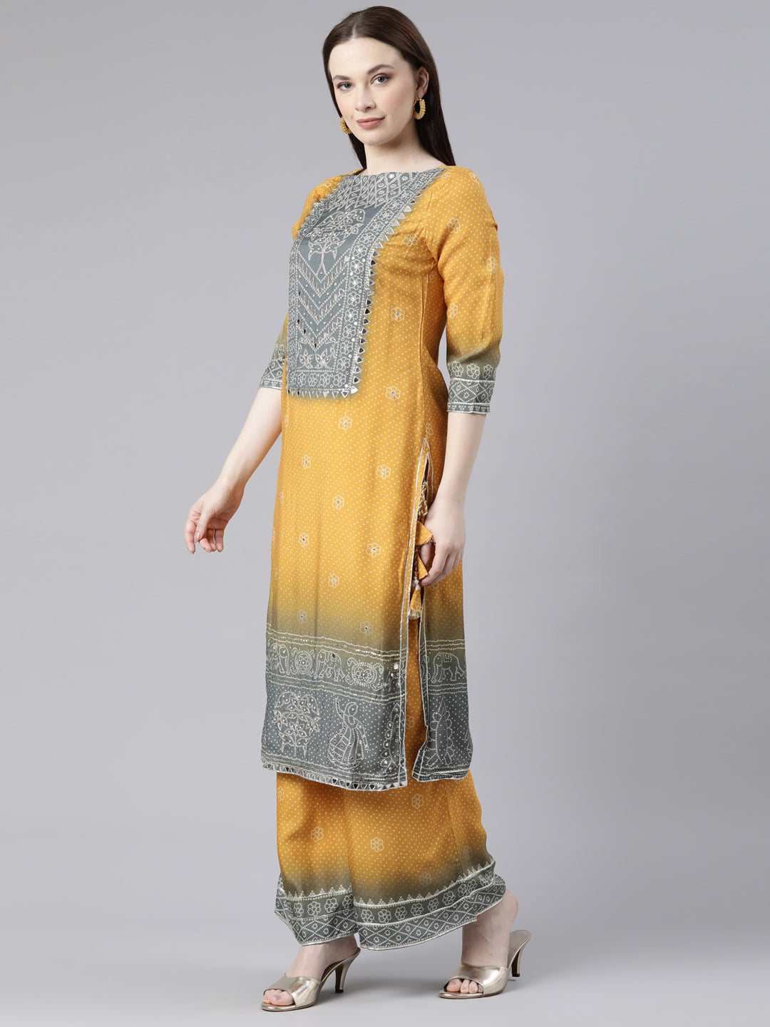 Neerus Yellow viscose rayon printed kurta set with palazzo and dupatta - back view