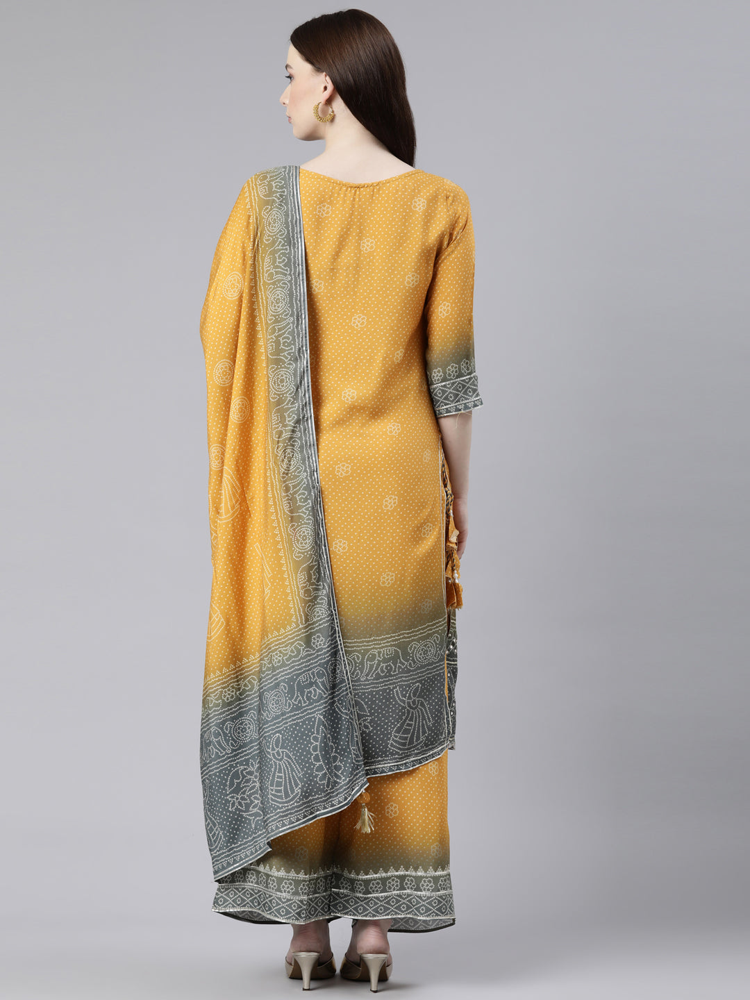 Neerus Yellow viscose rayon printed kurta set with palazzo and dupatta - side view