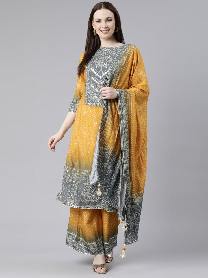 Neerus Yellow viscose rayon printed kurta set with palazzo and dupatta - front view
