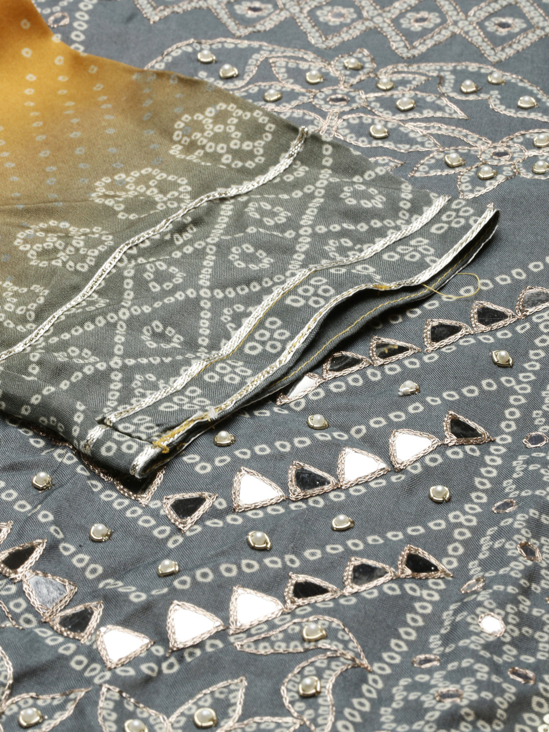 Neerus Yellow viscose rayon printed kurta set with palazzo and dupatta - detail view 2