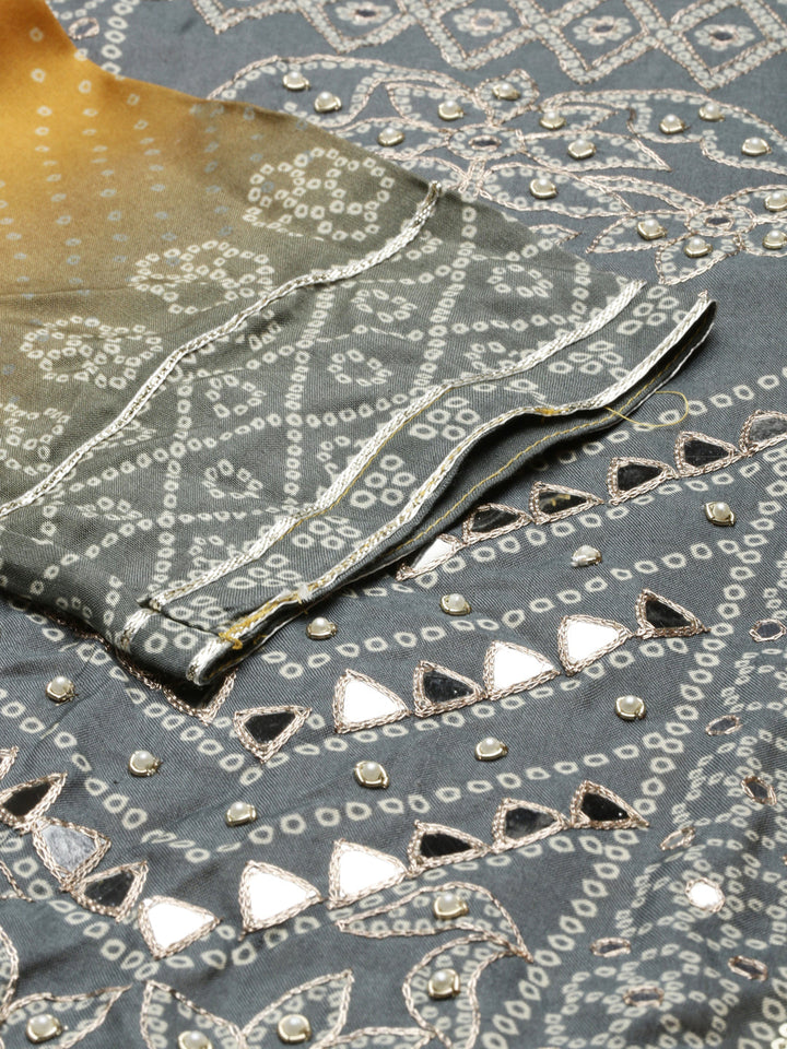 Neerus Yellow viscose rayon printed kurta set with palazzo and dupatta - detail view 2