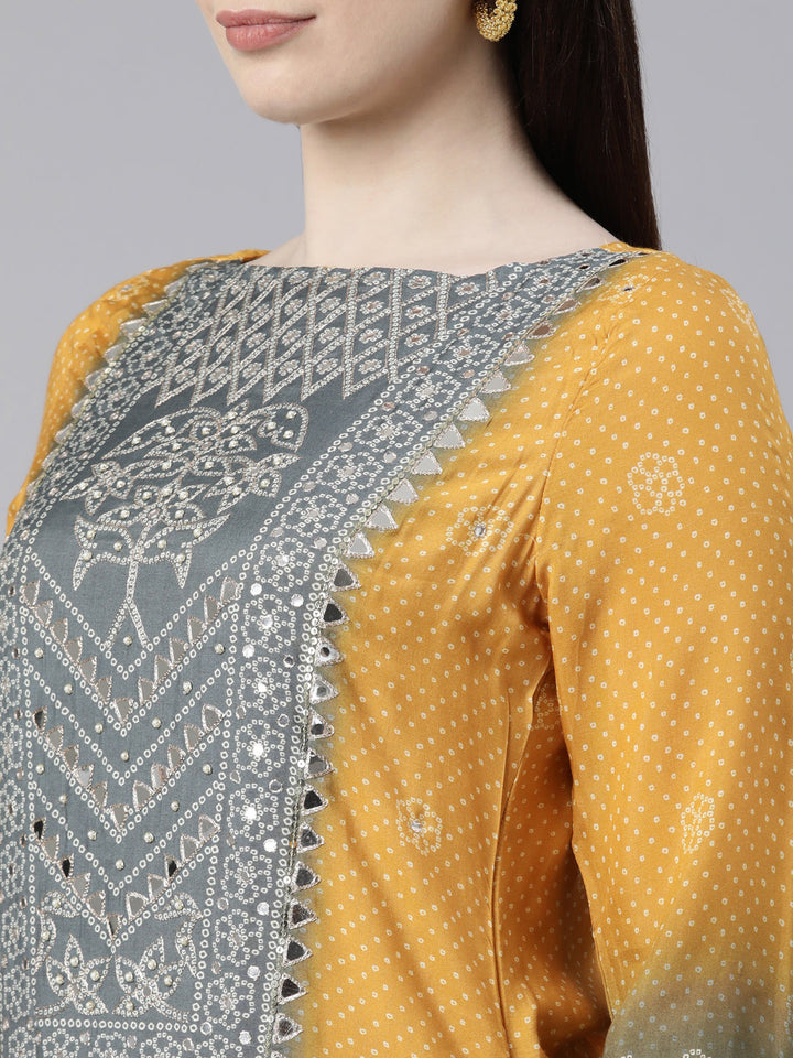 Neerus Yellow viscose rayon printed kurta set with palazzo and dupatta - detail view 1