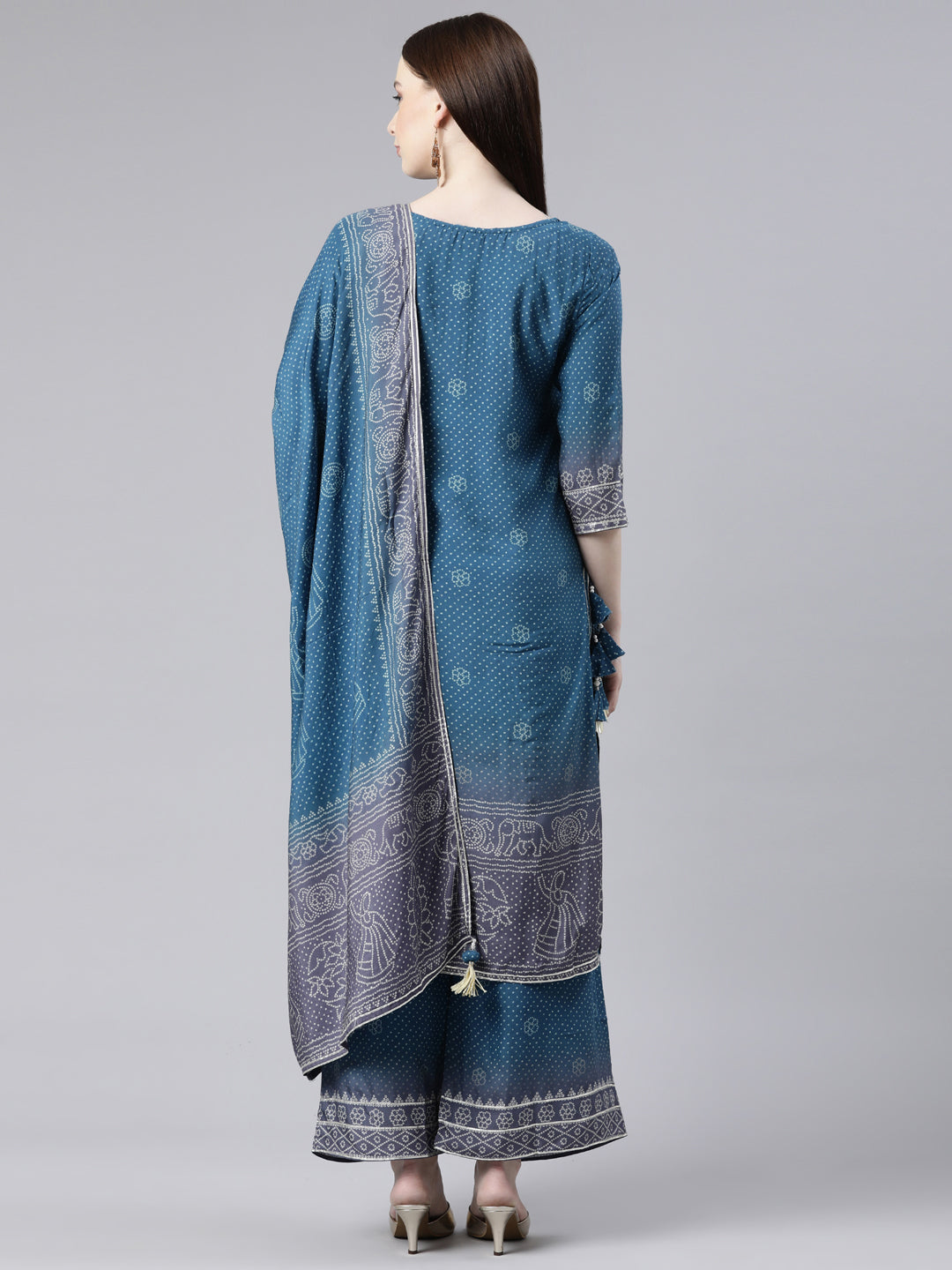 Neerus Green Viscose Rayon Printed Kurta Set with Palazzo and Dupatta - side view