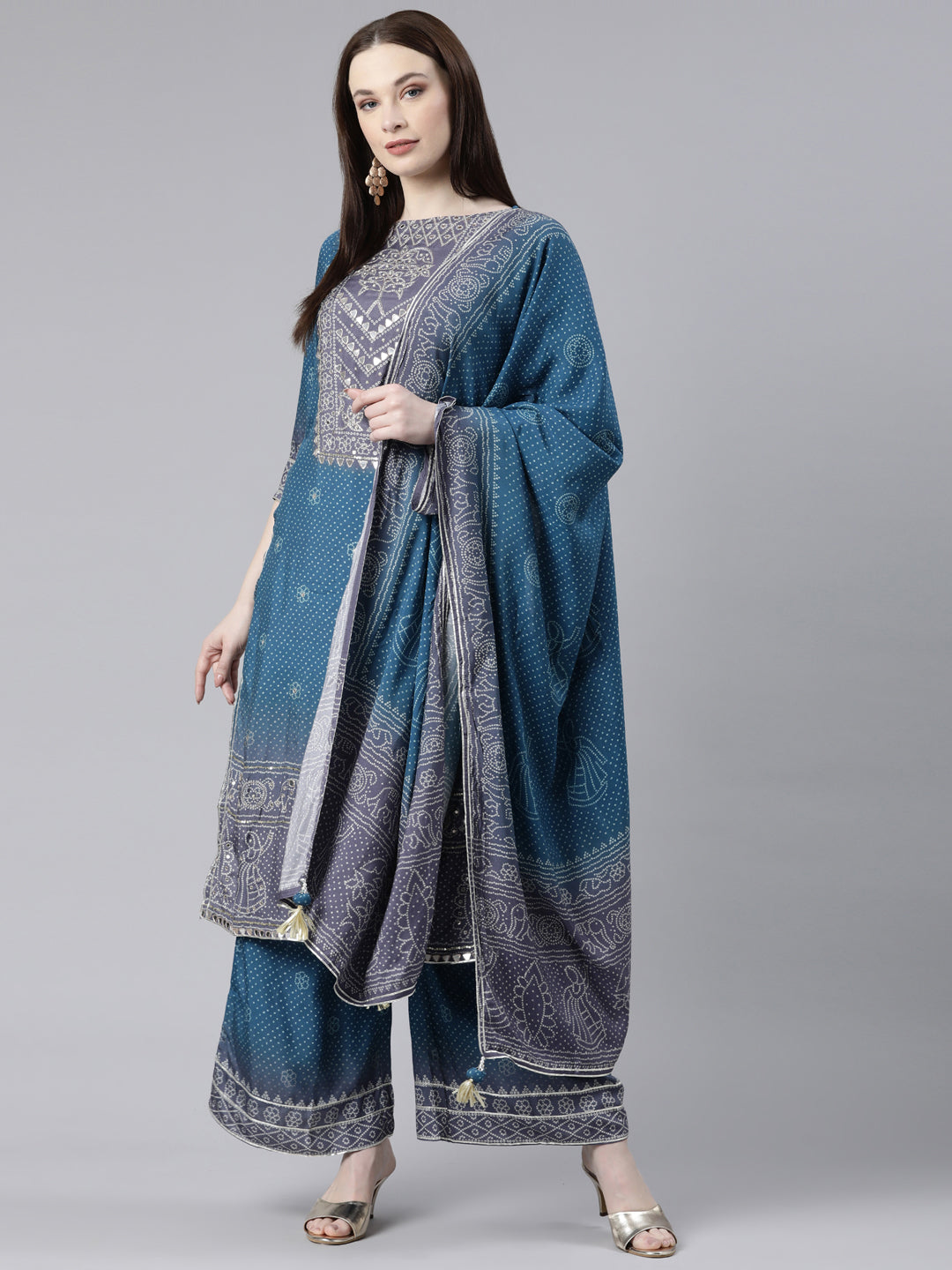 Neerus Green Viscose Rayon Printed Kurta Set with Palazzo and Dupatta - front view