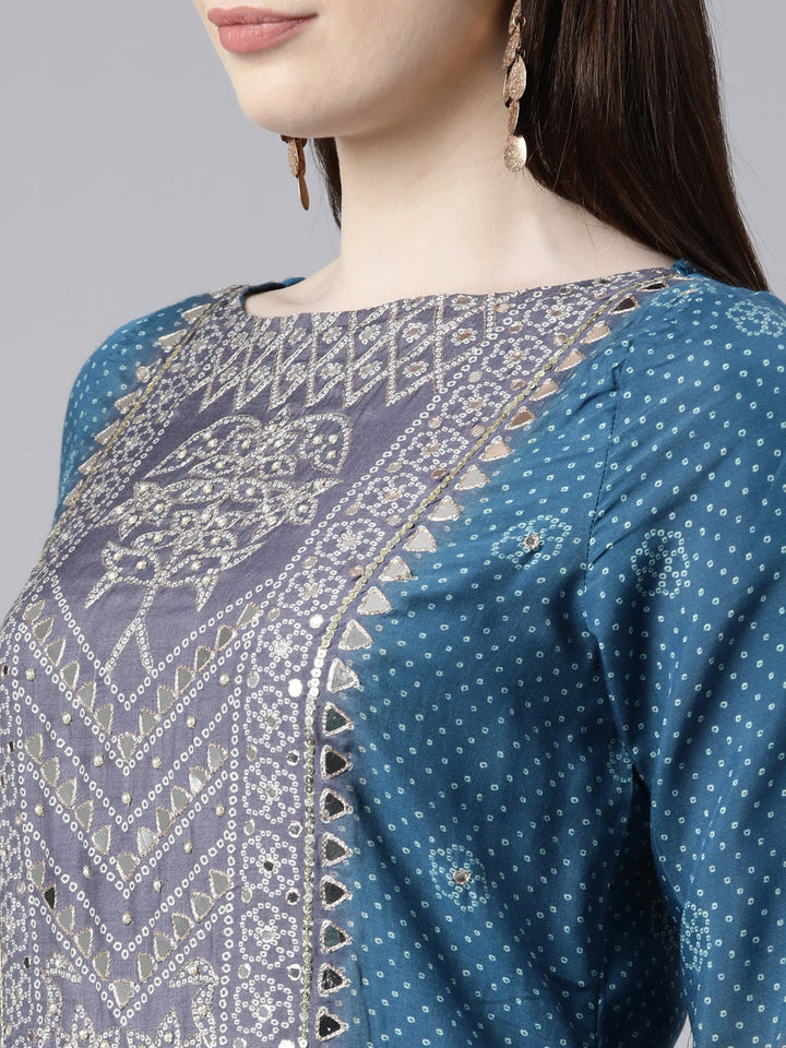 Neerus Green Viscose Rayon Printed Kurta Set with Palazzo and Dupatta - detail view 1