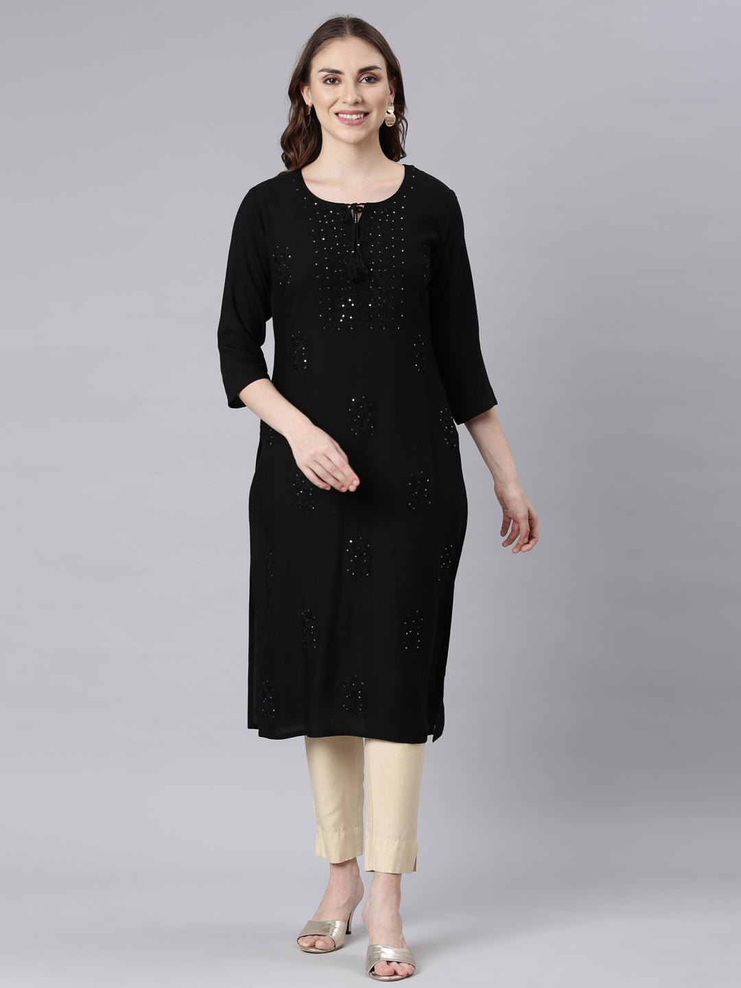 Neerus Black embellished straight panelled kurti - front view