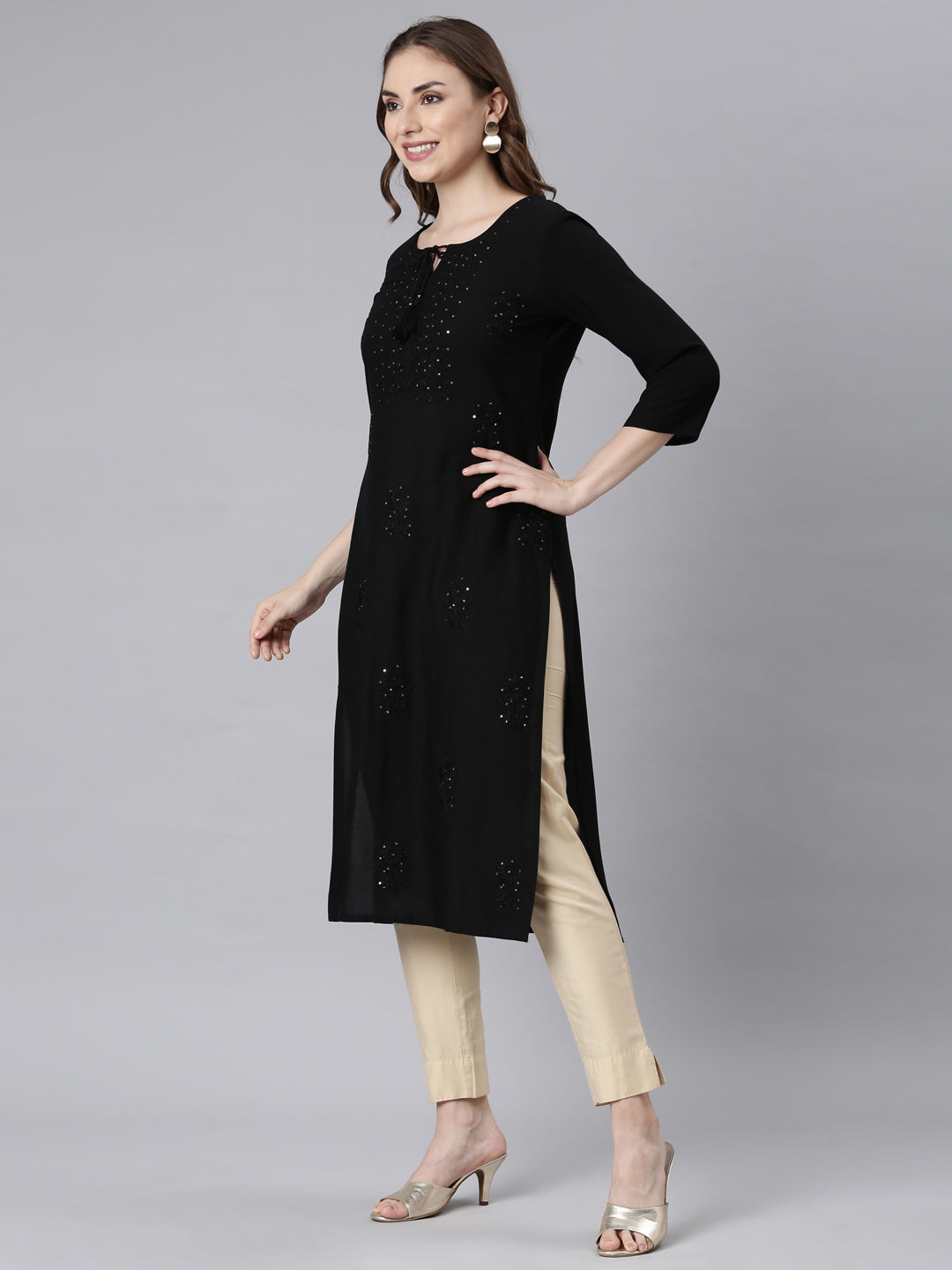 Neerus Black embellished straight panelled kurti - side view