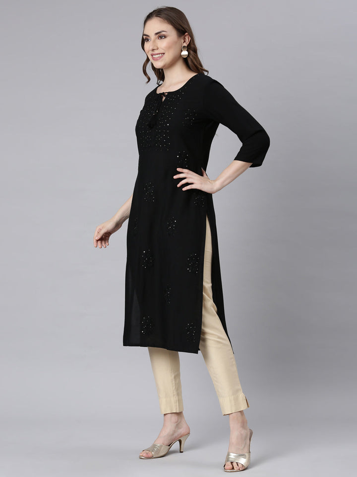 Neerus Black embellished straight panelled kurti - side view