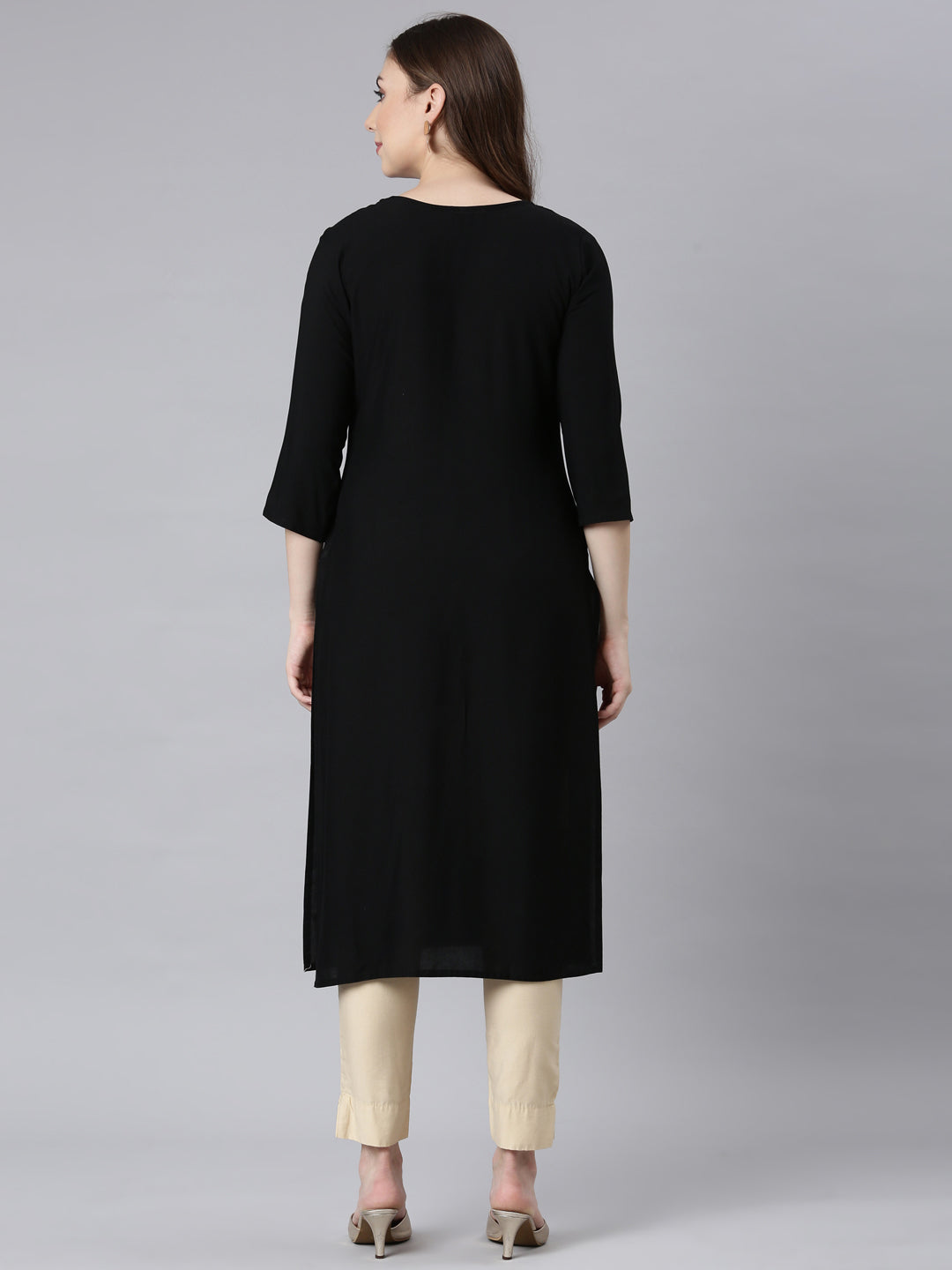 Neerus Black embellished straight panelled kurti - detail view 1