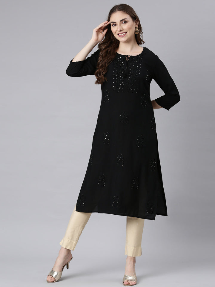Neerus Black embellished straight panelled kurti - detail view 2