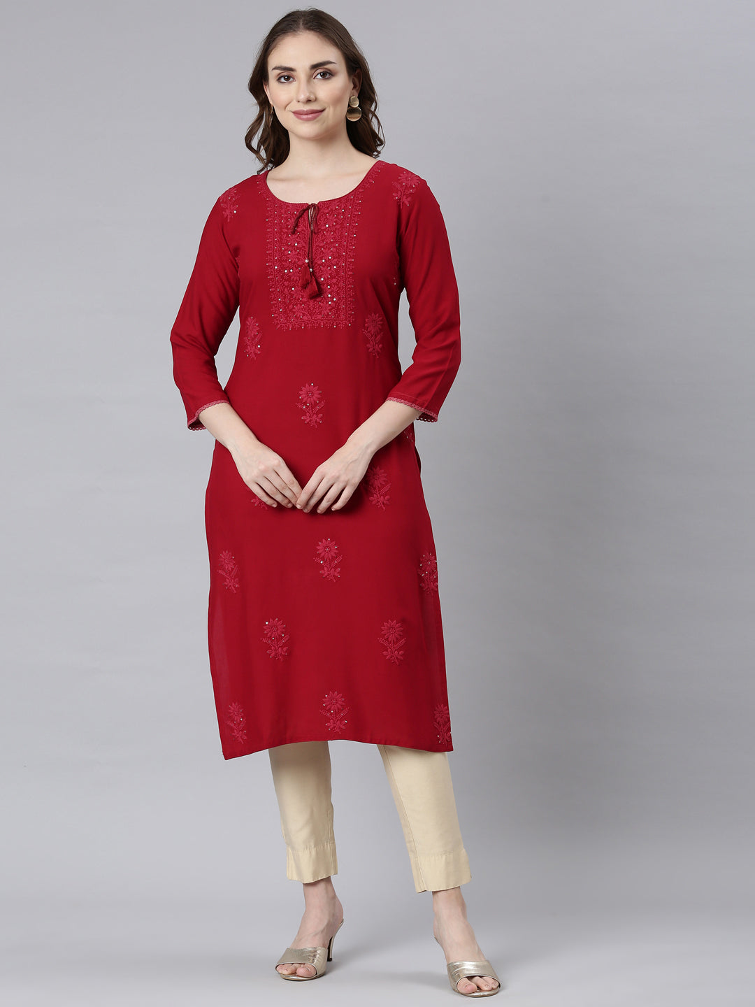 Neerus Maroon embellished straight panelled kurti - front view