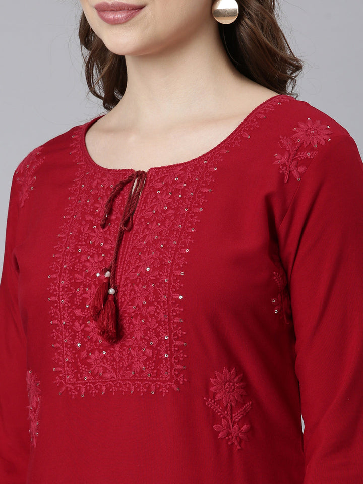 Neerus Maroon embellished straight panelled kurti - back view