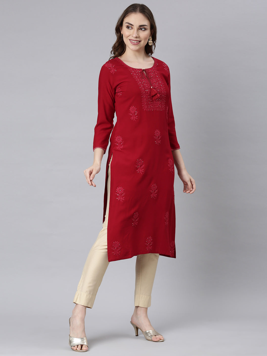 Neerus Maroon embellished straight panelled kurti - side view