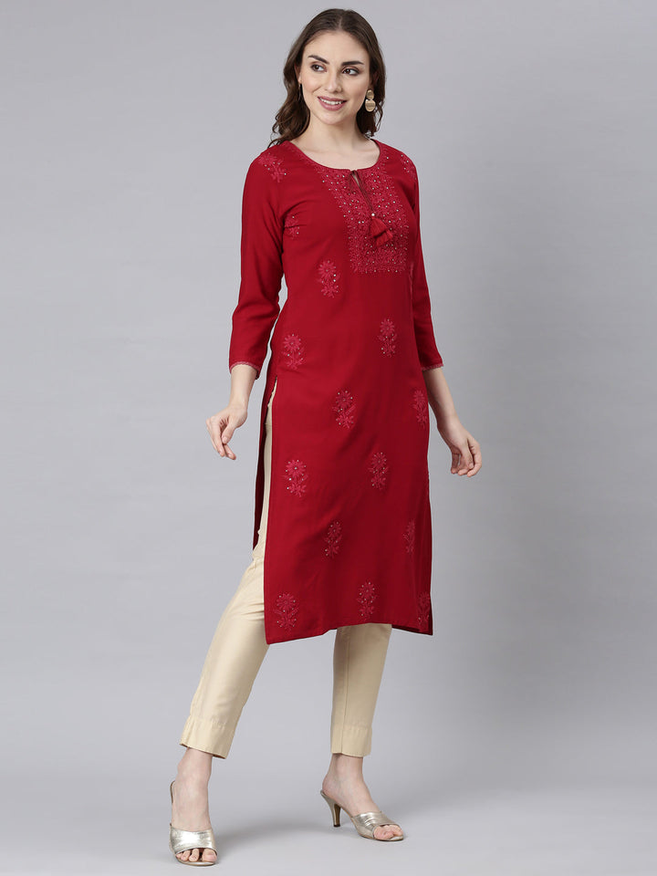 Neerus Maroon embellished straight panelled kurti - side view
