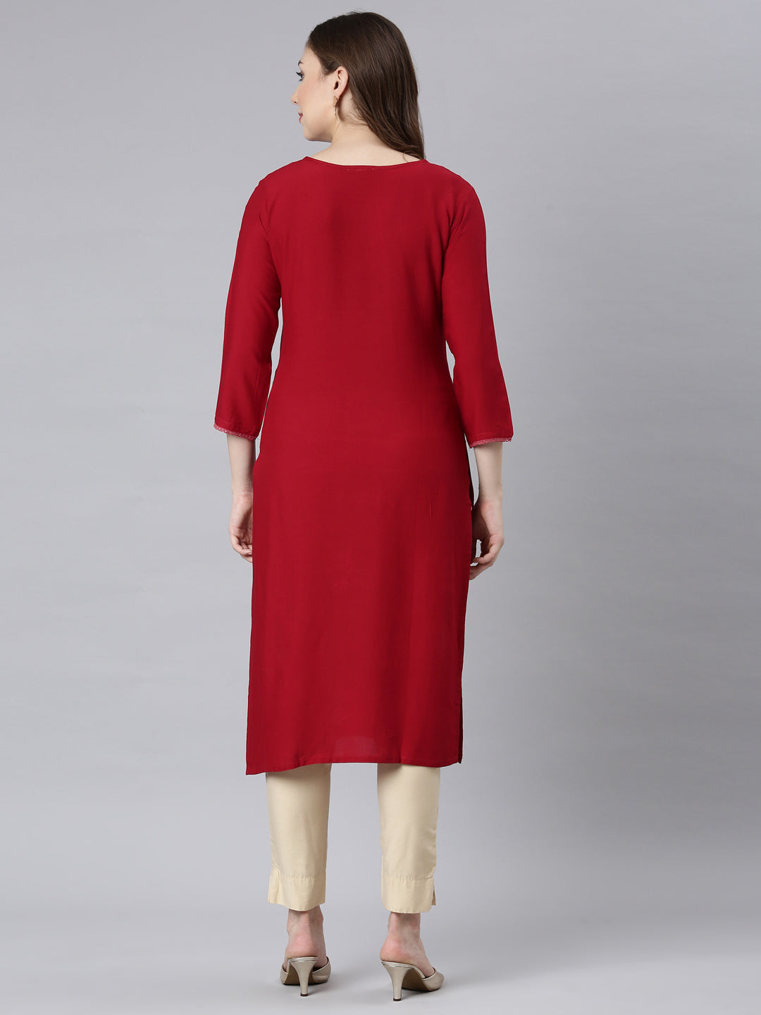 Neerus Maroon embellished straight panelled kurti - detail view 1